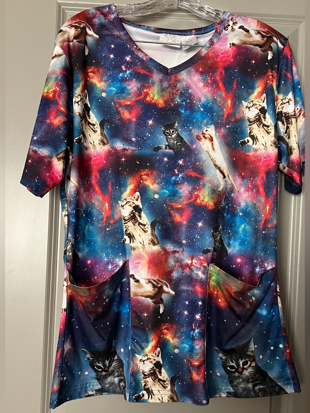 Rainbow Galaxy Cat Print V-Neck Scrub Top
